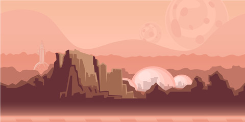 Seamless unending background for arcade game or animation. Surface of the planet Mars with mountains, space settlement and spaceship. Vector illustration, parallax ready.