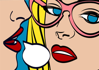 nice vector pop art retro comic illustration. Woman whispering gossip or secret to her friend. Speech bubble. Eps 10