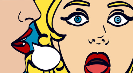 nice vector pop art retro comic illustration. Woman whispering gossip or secret to her friend. Speech bubble. Eps 10