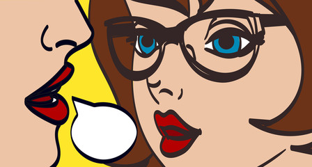 nice vector pop art retro comic illustration. Woman whispering gossip or secret to her friend. Speech bubble. Eps 10