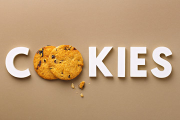 Cookies. Fresh cookies and white letters. Top view. Copy space.