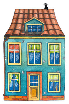 Watercolor house. Hand drawn illustration.