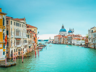Beautiful view of famous Canal Grande with Basilica di Santa Maria della Salute. View of Canal Grande from Accademia's bridge. Venice, Italy.