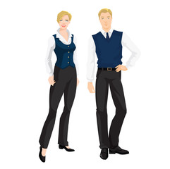 Vector illustration of corporate dress code. Business people in formal white blouse, black pants, navy necktie and navy sweater vest isolated on white background. Base wardrobe.