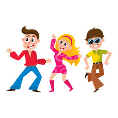 Set of retro disco dancers, Caucasian boys and girls, men and women, cartoon vector illustration isolated on white background. Men and women in colorful clothes dancing at retro disco party