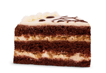 Chocolate cake slice with curl on white background