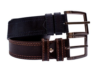 Several fashionable men's leather belts gray brown isolated on white background