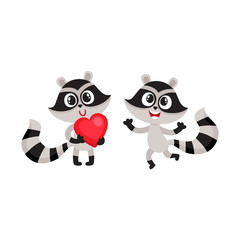 Two little raccoon characters, one holding big red heart, another jumping from happiness, cartoon vector illustration isolated on white background. Happy little raccoon friends showing joy and love