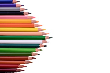 Many colored pencils isolated on white background, place for text