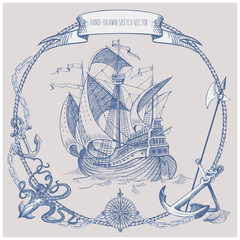 Adventure stories. Pirate background. Vintage border frame. Old caravel, vintage sailboat, sea monster.