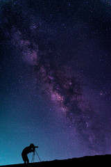 Fototapeta na wymiar Landscape with Milky way galaxy. Night sky with stars and silhouette Photographer take photo on the mountain.