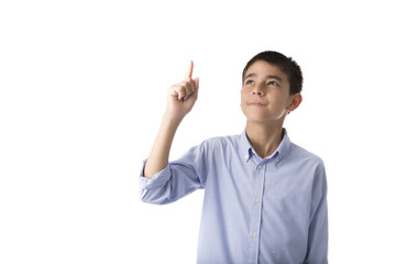 Caucasian boy pointing finger or lift empty hand isolated on white background, Concept of  kid presenting