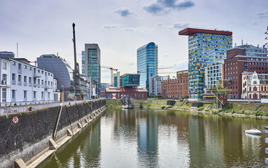 Media Harbor at Rhine in Dusseldorf in Germany / Famous place with buildings from Frank Gehry in Dusseldorf