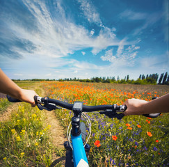 Woman riding on a bicycle on the meadow