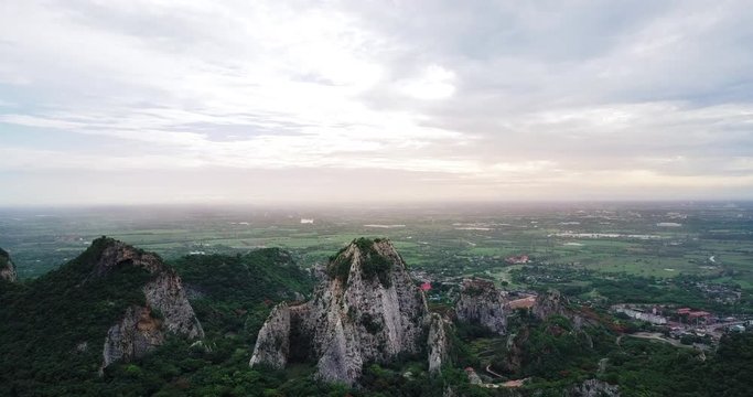 Aerial view of Mount Khao Ngoo Rock Park or Thueak Khao Ngu, Ratchaburi Ancient monuments in Ratchaburi Province, Thailand