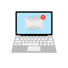 Open a laptop. One new letter on the display. Flat style. Vector illustration, isolated on white background