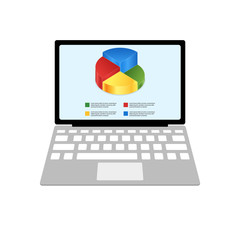 Open laptop. Pie chart on the display. Flat style. Vector illustration, isolated on white background