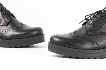 Black Shoe on White Background, Isolated Product, Top View, Studio.