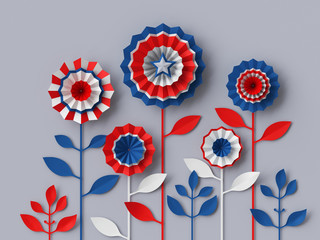 3d render, digital illustration, abstract red blue paper flowers, party decoration, 4th july patriotic background, USA independence day celebration