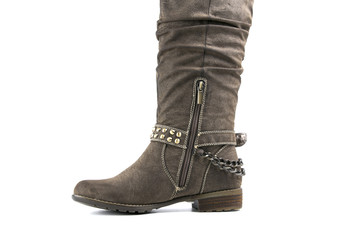 Brown Boot on White Background, Isolated Product, Top View, Studio.