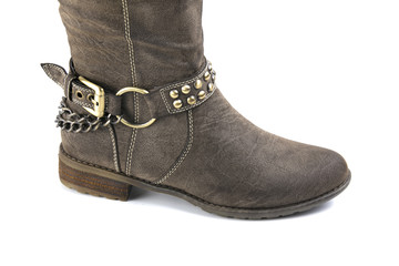 Brown Boot on White Background, Isolated Product, Top View, Studio.