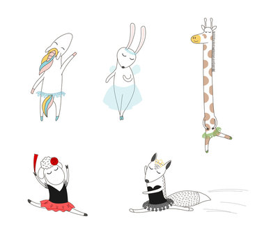 Cute animal ballerinas - sheep, fox, unicorn, bunny and giraffe