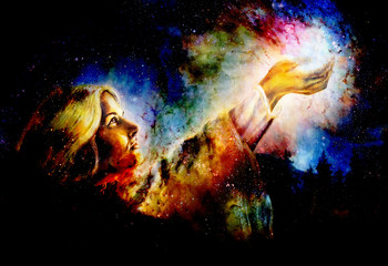 beautiful woman with hands holding light, computer graphic from painting. Cosmic Space background.