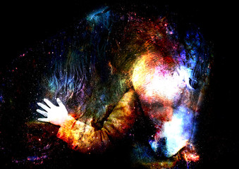 Loving horse and a girl, girl hugging a horse in cosmic space. computer collage.