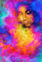 Goddess Woman in Cosmic space. Cosmic Space background. eye contact. Fire effect.
