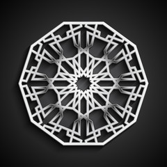Islamic 3D silver ornament. Vector round mandala background. Architecture design in arabic style.