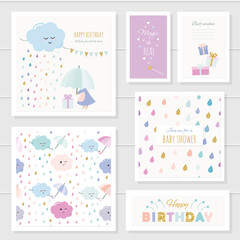 Cute cards with gold glitter elements for girls. For baby shower, birthday, babies clothes, notebook cover. Included two seamless patterns with rain drops and clouds. Watercolor.