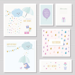 Obraz premium Cute cards for girls. Can be used for baby shower, birthday, babies clothes, notebook cover design. Watercolor style with gold glitter elements.