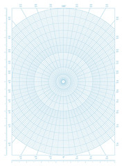 Blue polar coordinate circular grid graph paper, graduated every 1 degree, numbered every 10 degrees in both directions - 160916843