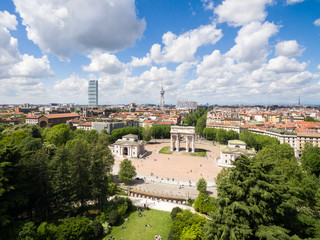 Fototapeta na wymiar Aerial view of the Triumph Arc - Arco Della Pace in Sempione park in Milan, Italy