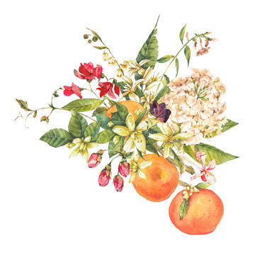 Watercolor Blooming Orange Twig With Flowers