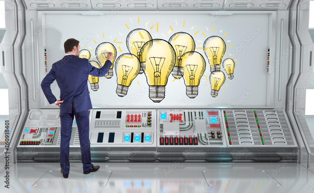 Poster businessman drawing innovation sketch on a board 3d rendering