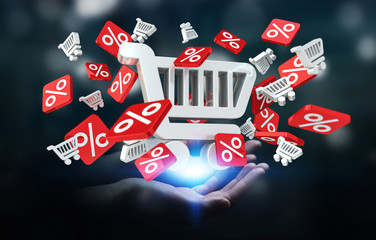 Businesswoman holding sales icons in her hand 3D rendering