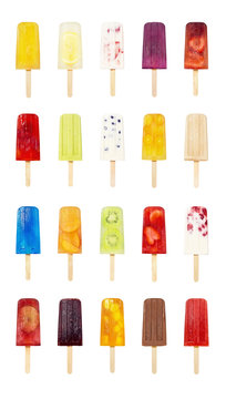20 Assorted Flavors of Frozen Popsicles on White Background