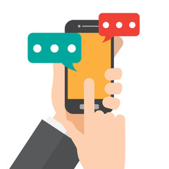 hand holds smartphone. texting , message or social communication. vector illustration.