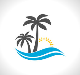 Fototapeta na wymiar palm tree with wave and sun - tropical icon
