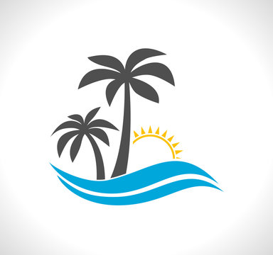 palm tree with wave and sun - tropical icon