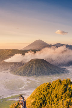 Java, Indonesia, South East Asia. High angle view of Mount Bromo at sunrise.