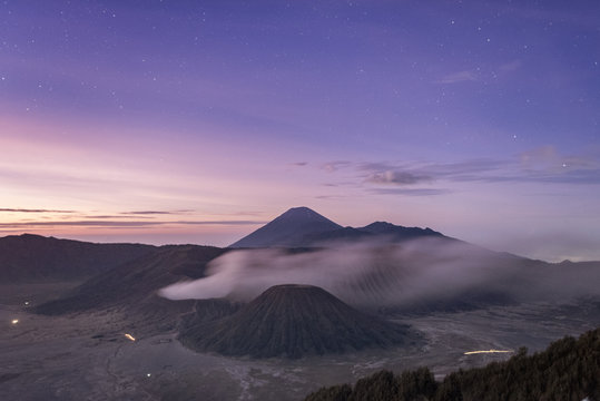 Java, Indonesia, South East Asia. High angle view of Mount Bromo at sunrise.