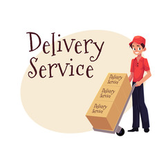 Delivery service banner with portrait of worker with hand cart, dolly loaded with boxes, cartoon vector illustration isolated on white background, clipboard and package