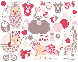 Vector Baby Girl Set with Giraffe Pattern. Vector Baby Girl. Vector Baby Shower. 