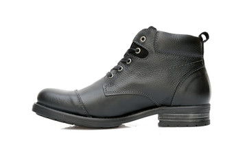 Black Boot on White Background, Isolated Product, Top View, Studio.