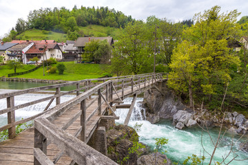 Fototapeta premium The Devil's Bridge, wooden footbridge in Skofja Loka, Slovenia