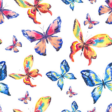 Watercolor colorful butterflies. Seamless pattern