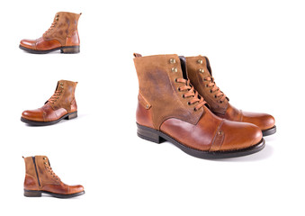 Brown Boot on White Background, Isolated Product, Top View, Studio.