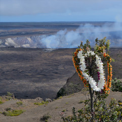 Hawaii: kilauea volcano and lei flowers.